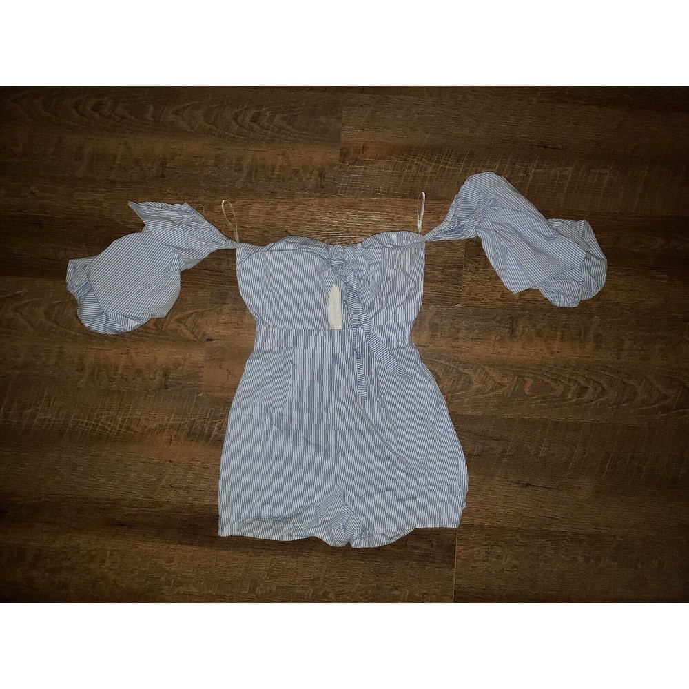 Fashion Nova XS Pinstripe Off Shoulder Dressy Romper